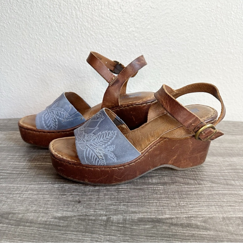 Born Blue Suede and Brown Leather Wedge Sandals